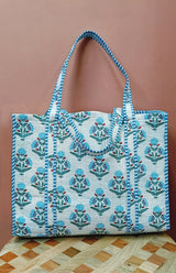 Handblock Printed Quilted Tote Bag without zip/button 17x18x 6 inches