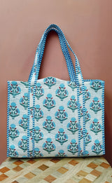 Handblock Printed Quilted Tote Bag without zip/button 17x18x 6 inches