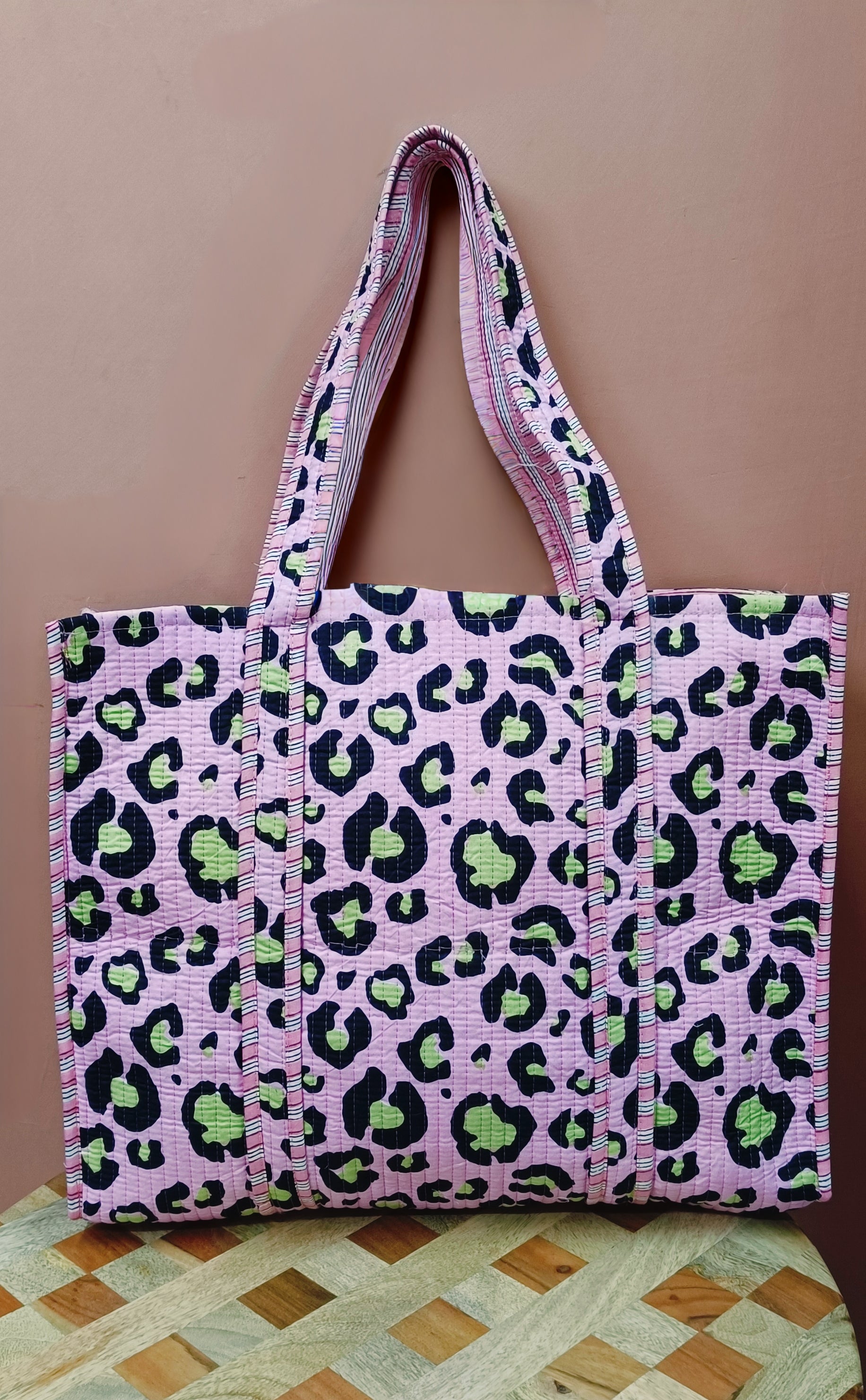 Handblock Printed Quilted Tote Bag without zip/button 17x18x 6 inches