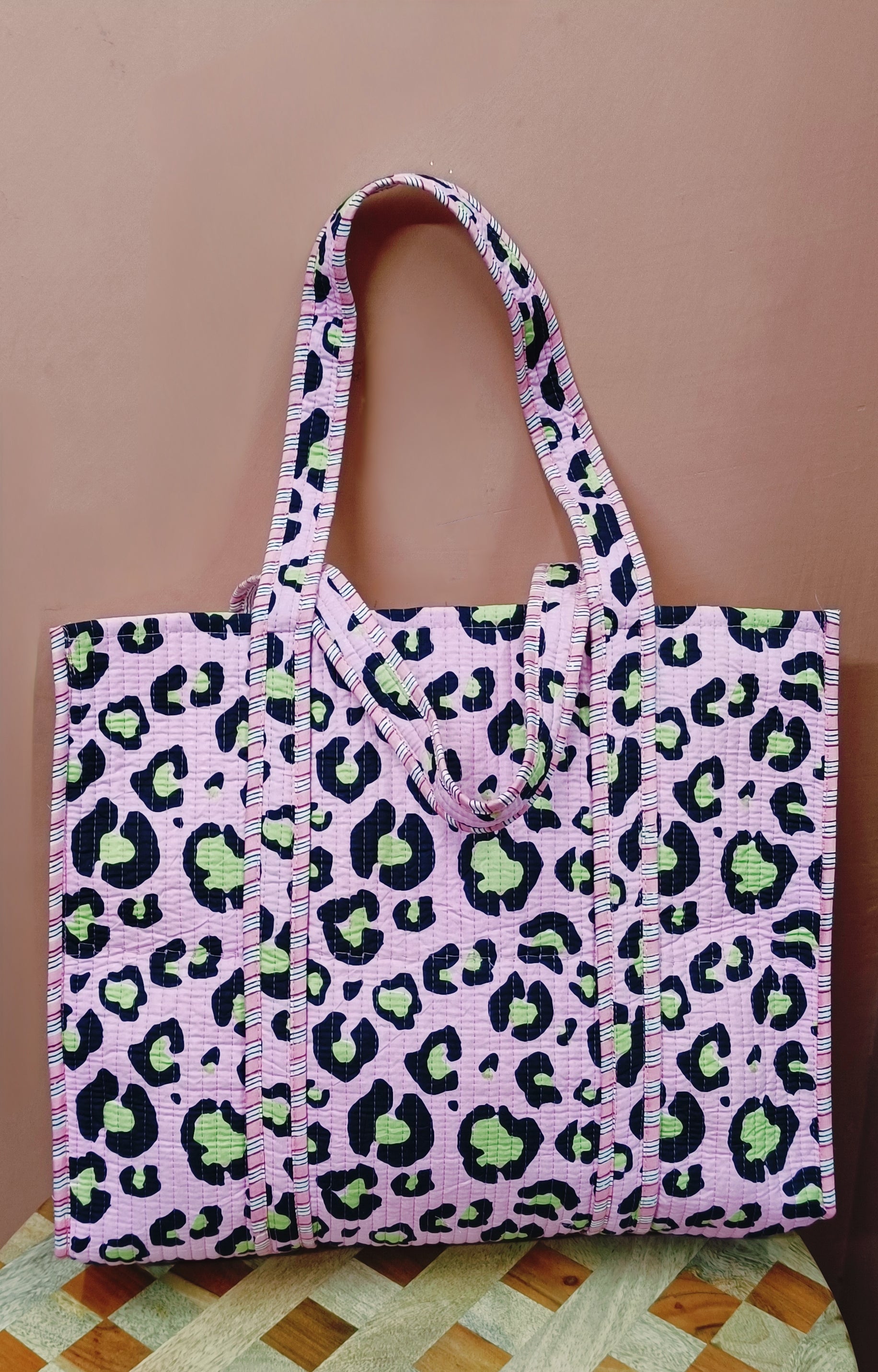 Handblock Printed Quilted Tote Bag without zip/button 17x18x 6 inches