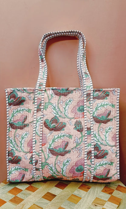 Handblock Printed Quilted Tote Bag without zip/button 17x18x 6 inches