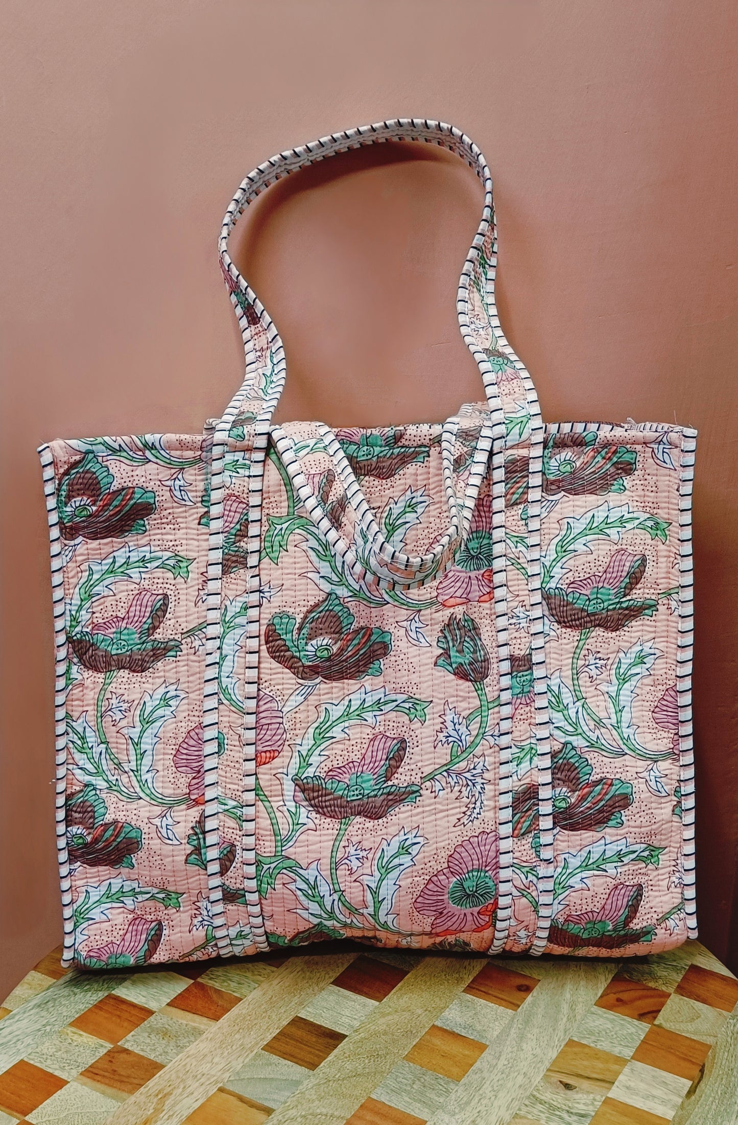 Handblock Printed Quilted Tote Bag without zip/button 17x18x 6 inches