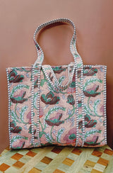 Handblock Printed Quilted Tote Bag without zip/button 17x18x 6 inches