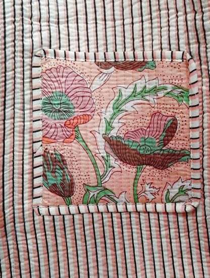 Handblock Printed Quilted Tote Bag without zip/button 17x18x 6 inches