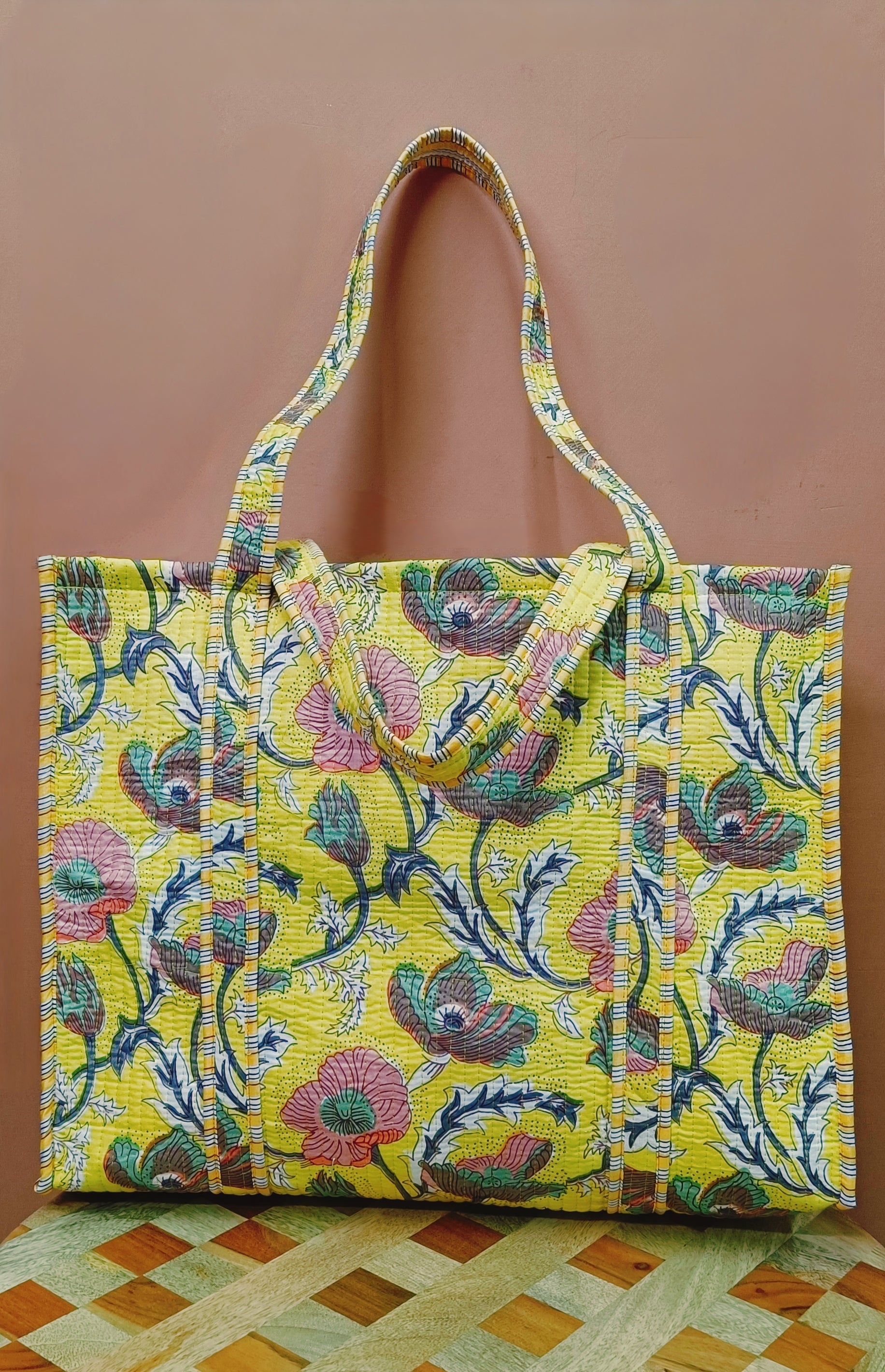 Handblock Printed Quilted Tote Bag without zip/button 17x18x 6 inches