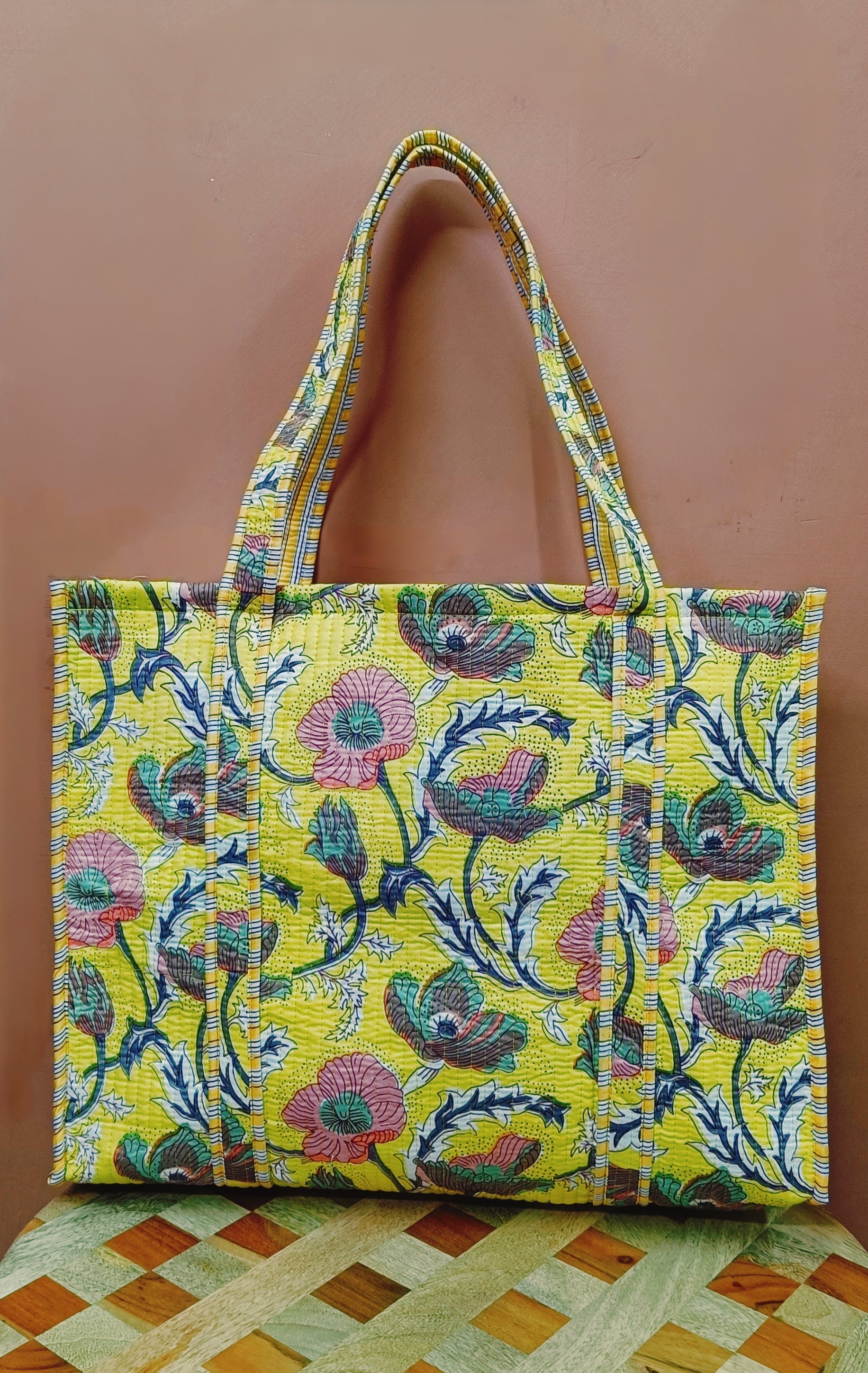 Handblock Printed Quilted Tote Bag without zip/button 17x18x 6 inches