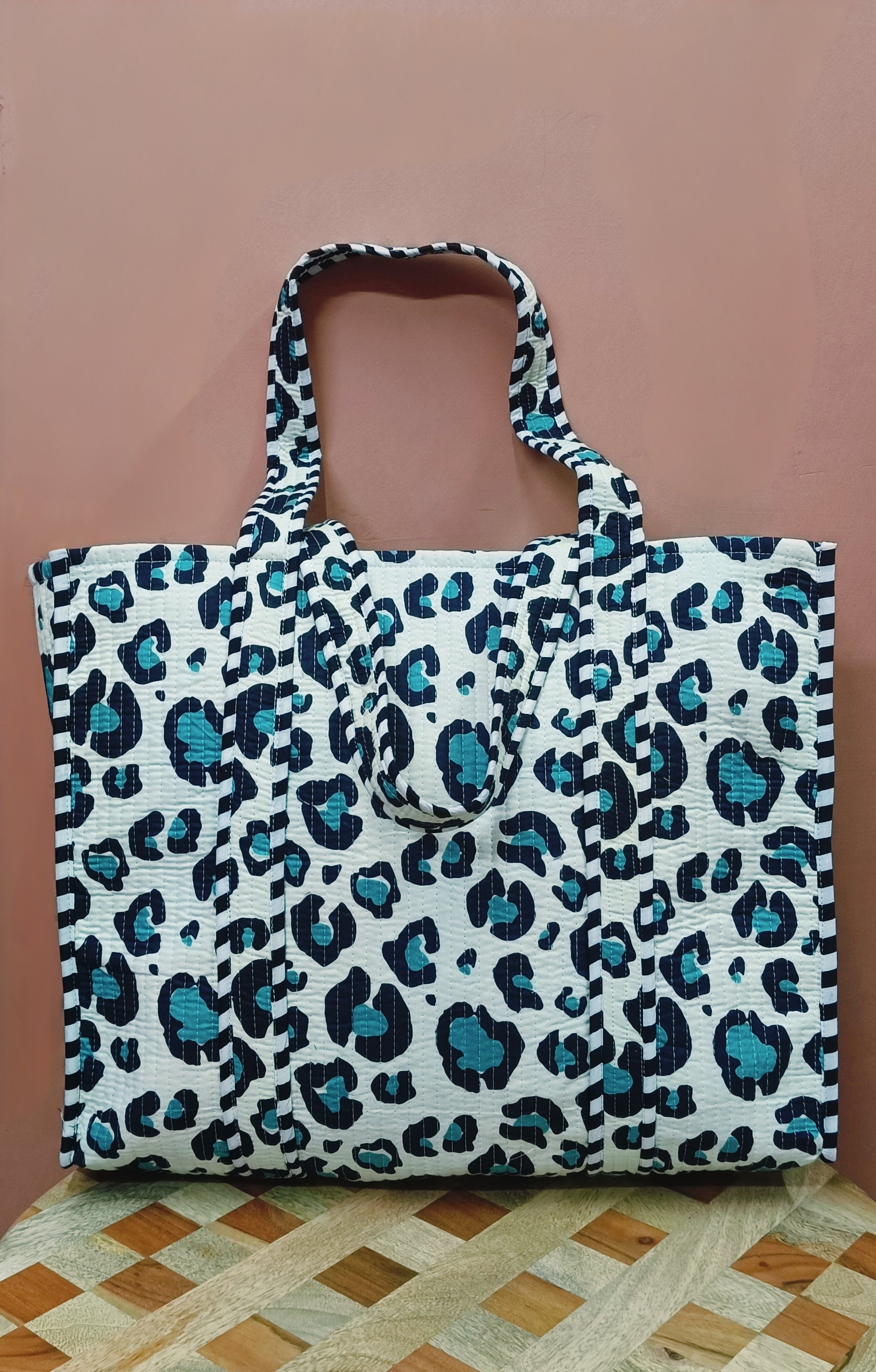 Handblock Printed Quilted Tote Bag without zip/button 17x18x 6 inches