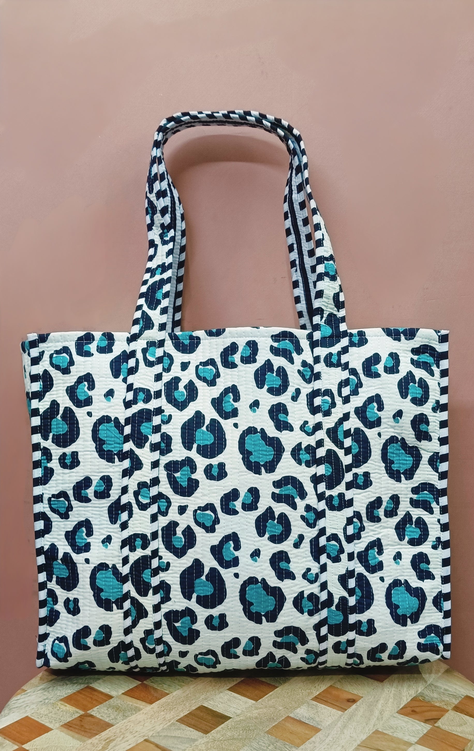 Handblock Printed Quilted Tote Bag without zip/button 17x18x 6 inches