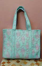 Handblock Printed Quilted Tote Bag without zip/button 17x18x 6 inches
