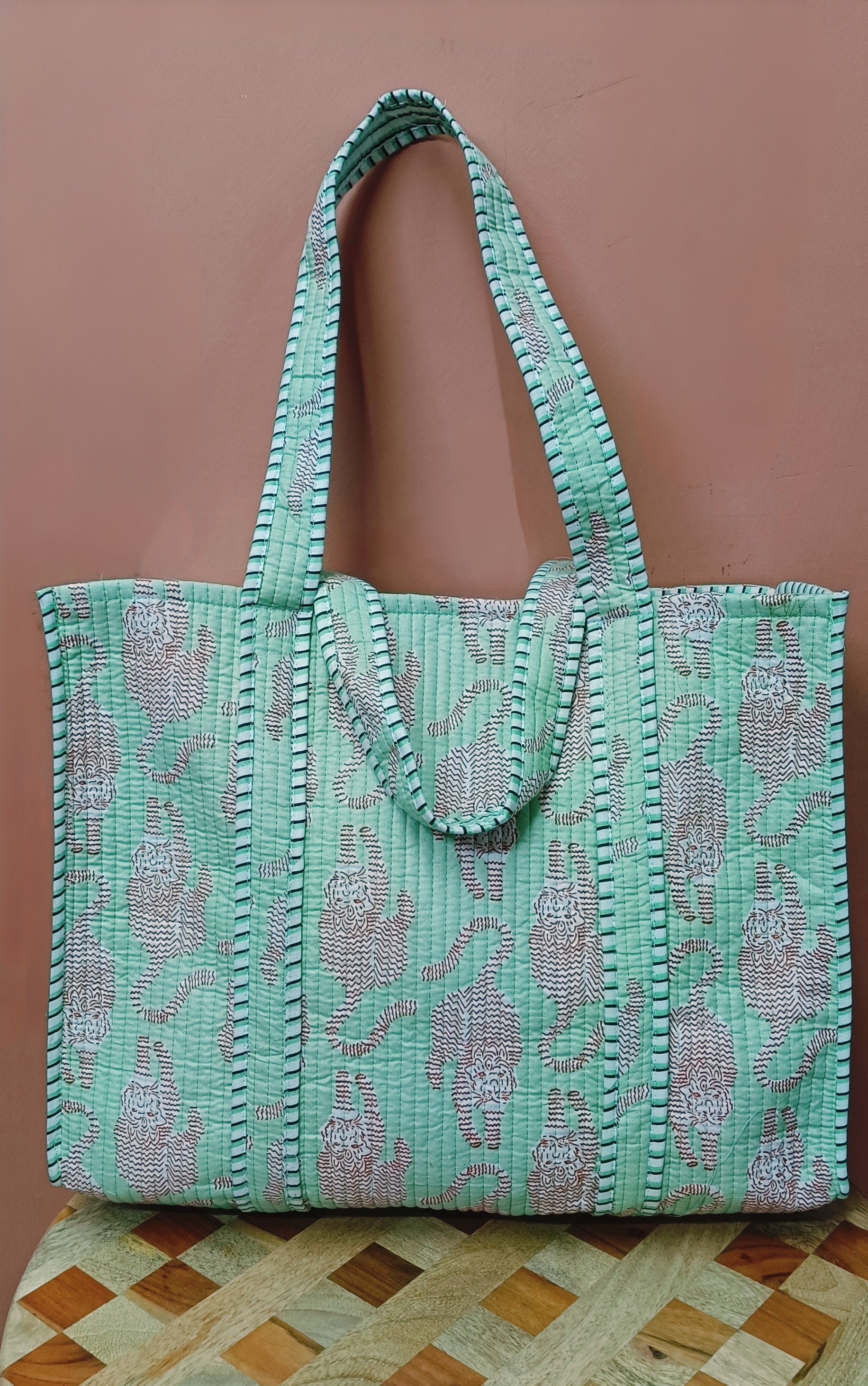 Handblock Printed Quilted Tote Bag without zip/button 17x18x 6 inches