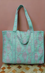 Handblock Printed Quilted Tote Bag without zip/button 17x18x 6 inches
