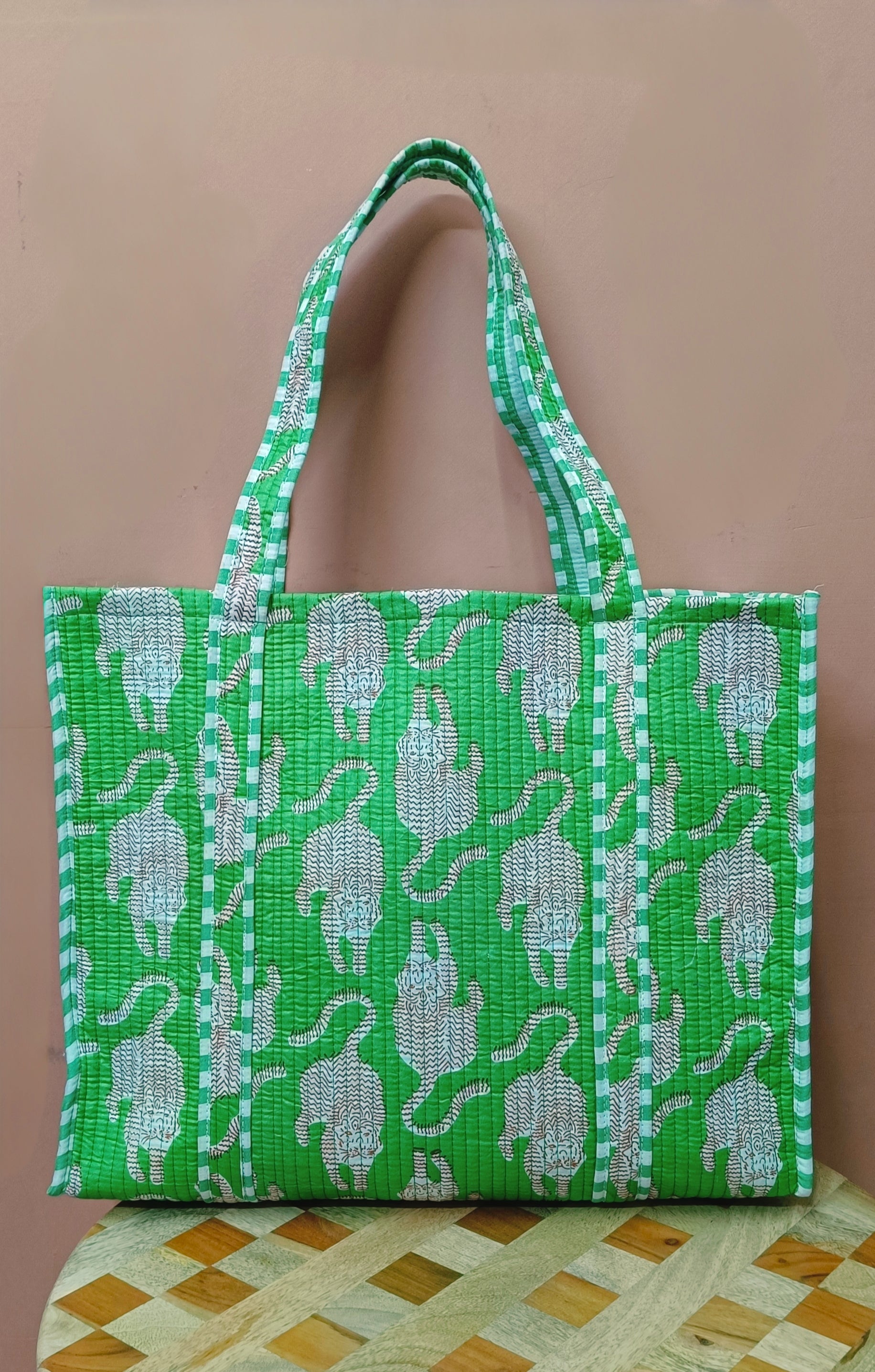Handblock Printed Quilted Tote Bag without zip/button 17x18x 6 inches