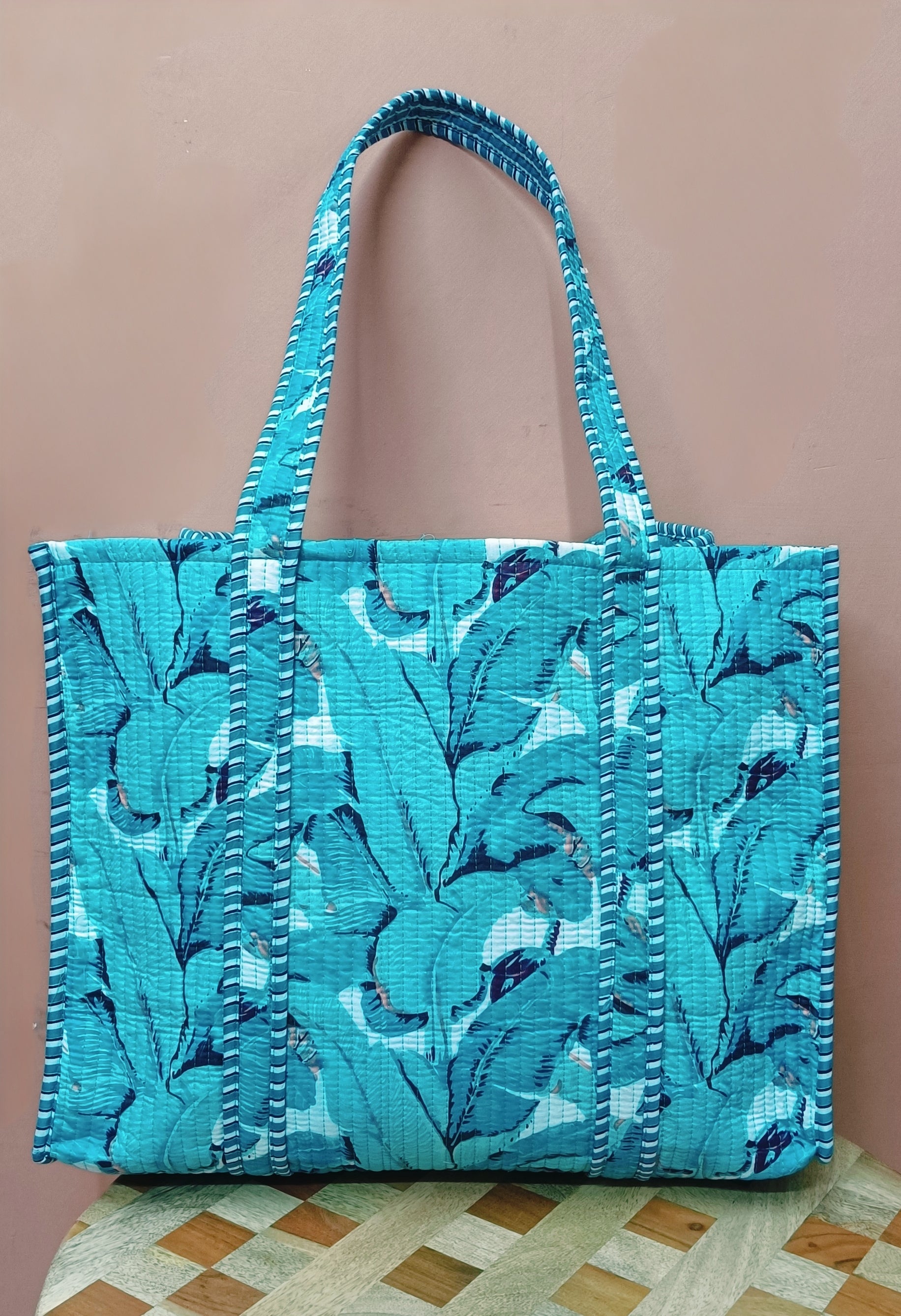 Handblock Printed Quilted Tote Bag without zip/button 17x18x 6 inches