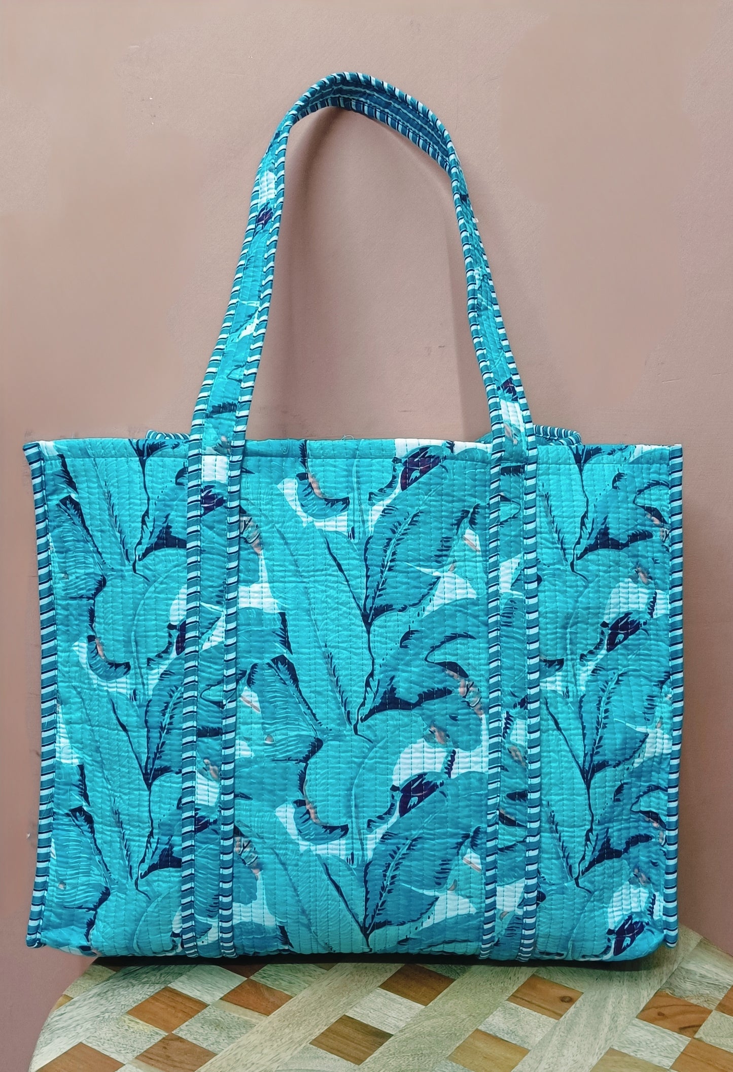 Handblock Printed Quilted Tote Bag without zip/button 17x18x 6 inches