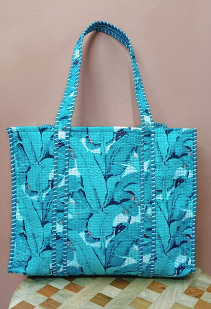 Handblock Printed Quilted Tote Bag without zip/button 17x18x 6 inches