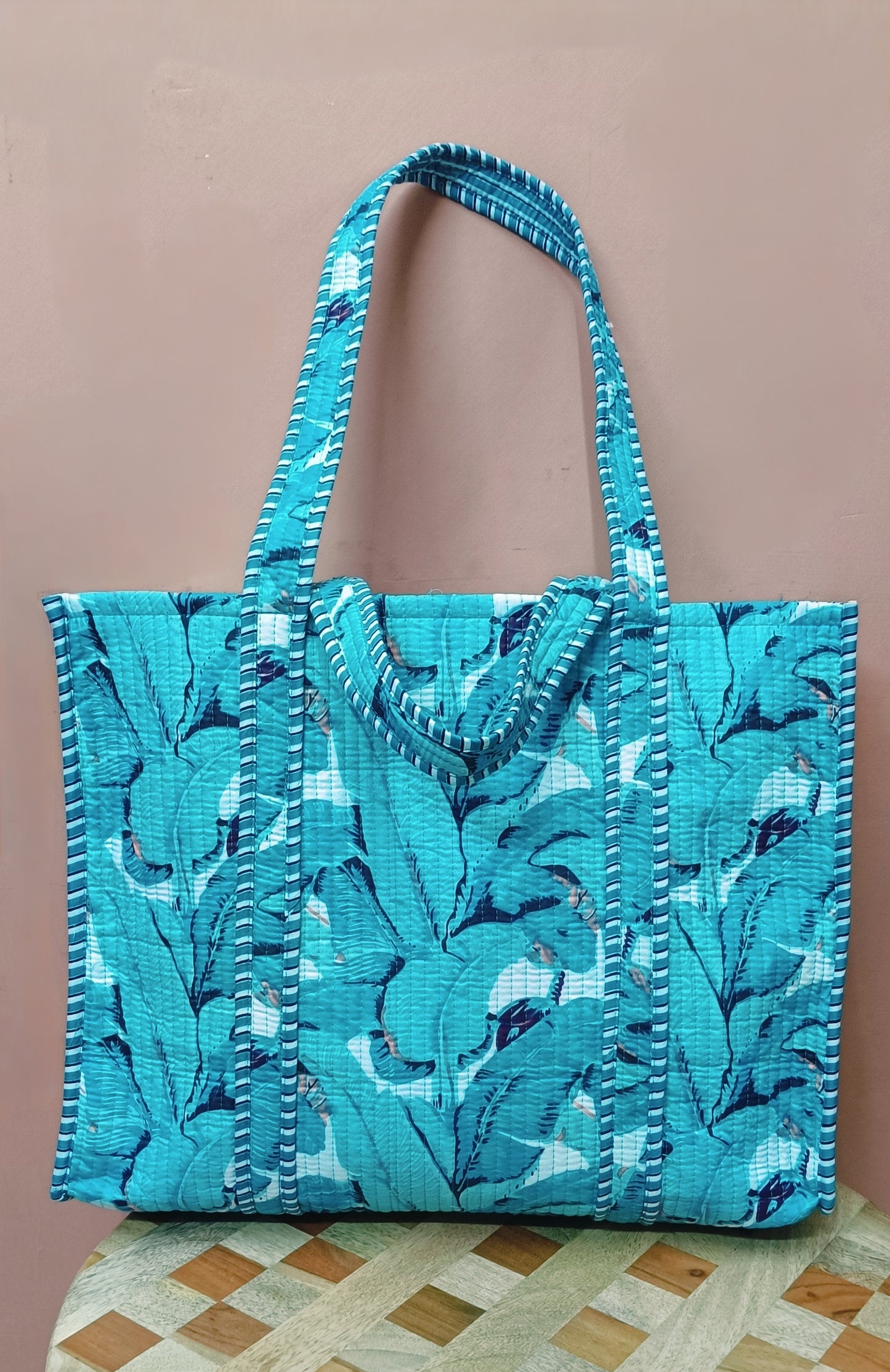 Handblock Printed Quilted Tote Bag without zip/button 17x18x 6 inches