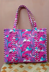 Handblock Printed Quilted Tote Bag without zip/button 17x18x 6 inches