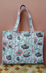 Handblock Printed Quilted Tote Bag without zip/button 17x18x 6 inches