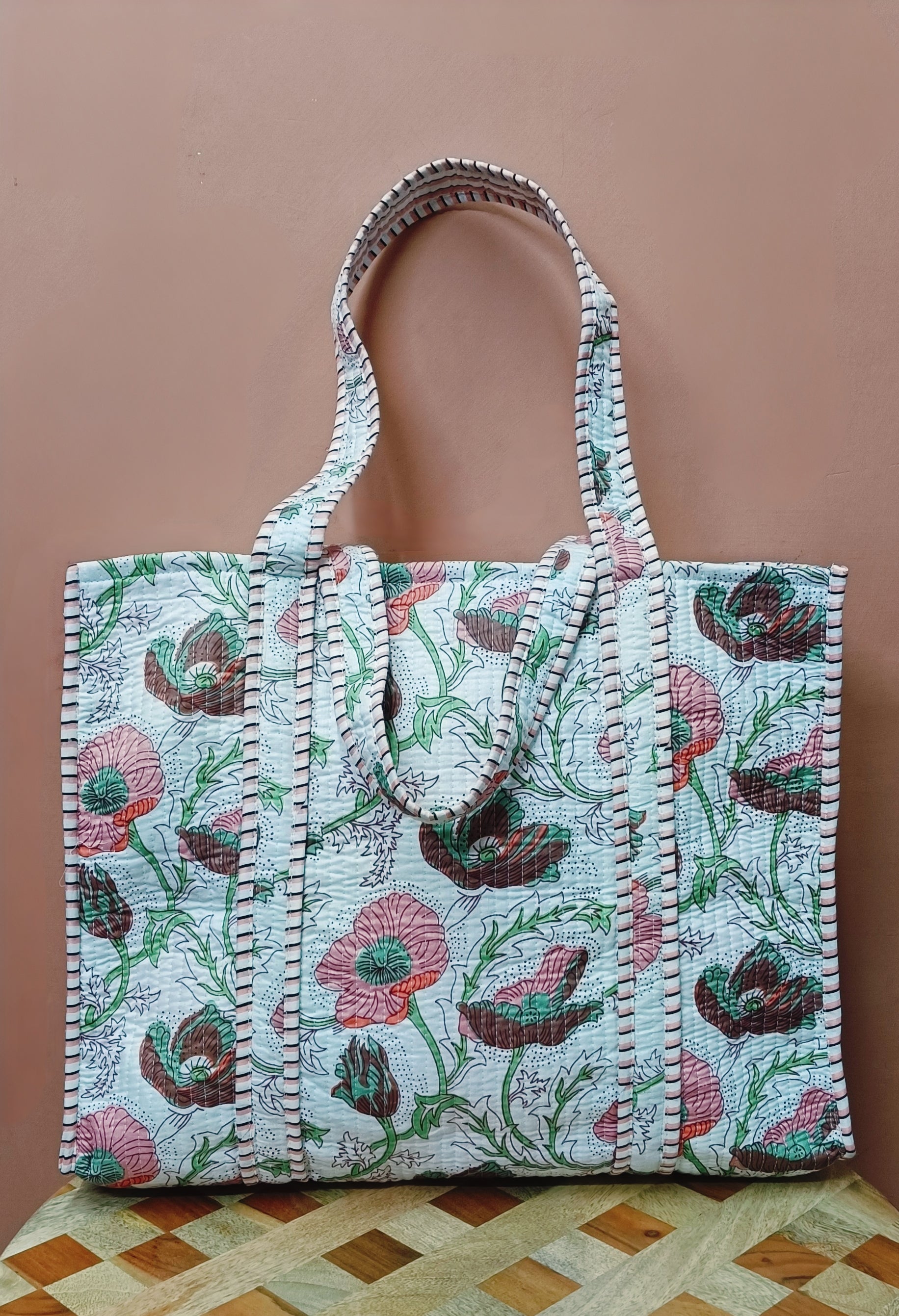 Handblock Printed Quilted Tote Bag without zip/button 17x18x 6 inches