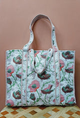 Handblock Printed Quilted Tote Bag without zip/button 17x18x 6 inches
