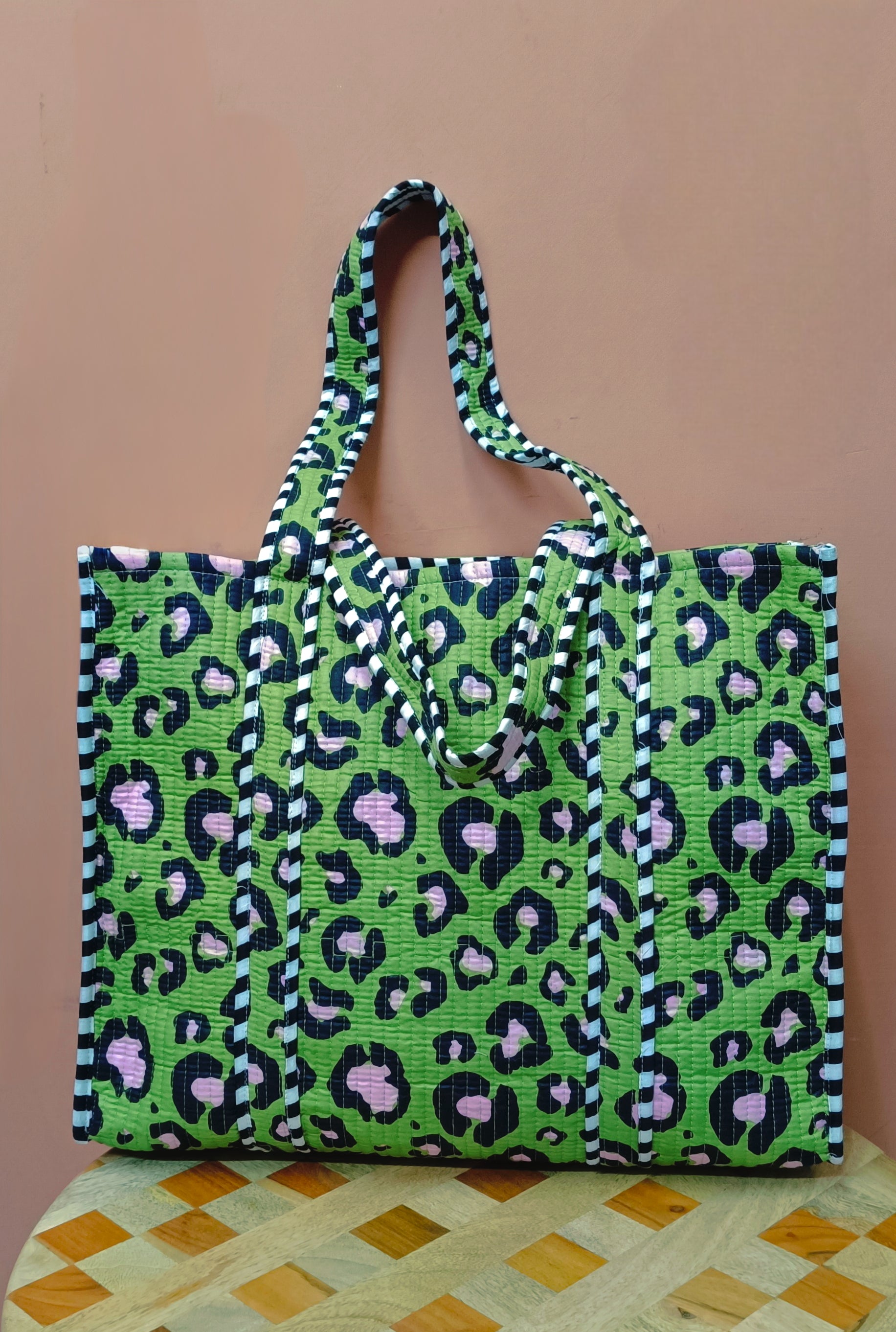 Handblock Printed Quilted Tote Bag without zip/button 17x18x 6 inches