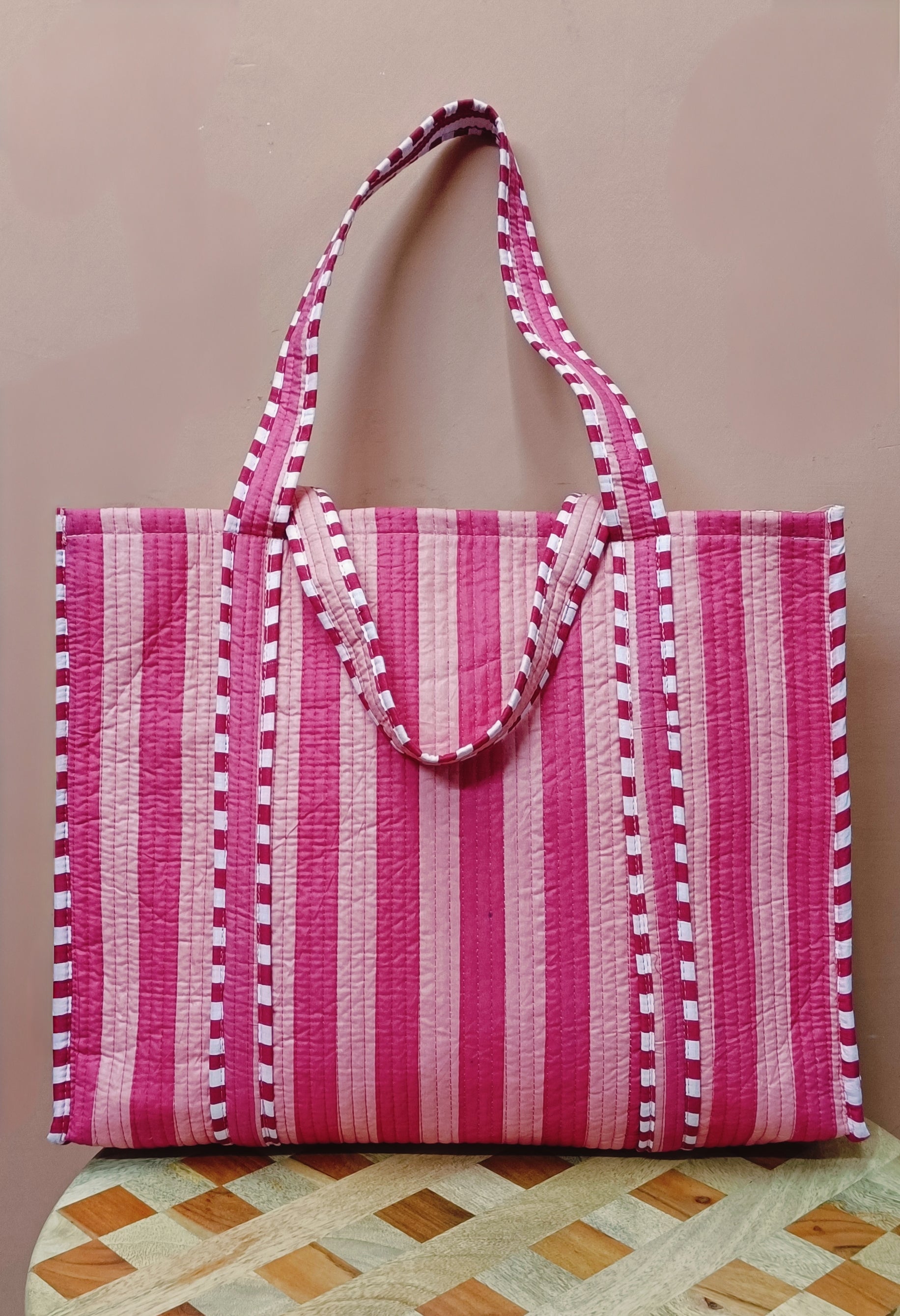 Handblock Printed Quilted Tote Bag without zip/button 17x18x 6 inches
