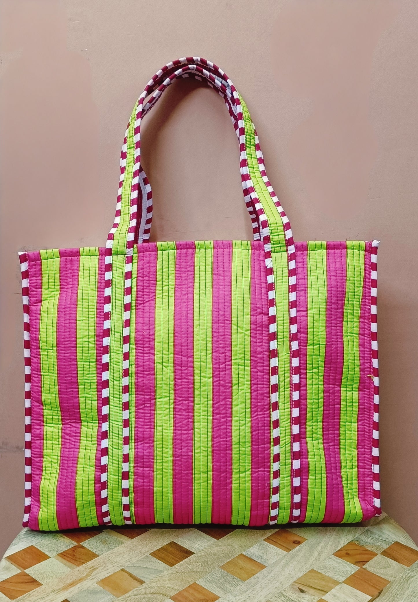 Handblock Printed Quilted Tote Bag without zip/button 17x18x 6 inches