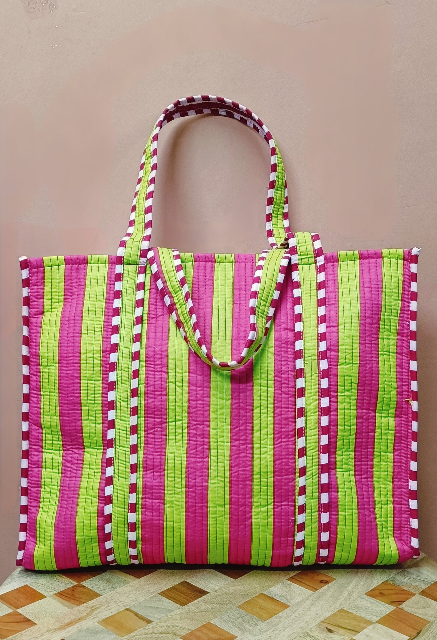 Handblock Printed Quilted Tote Bag without zip/button 17x18x 6 inches