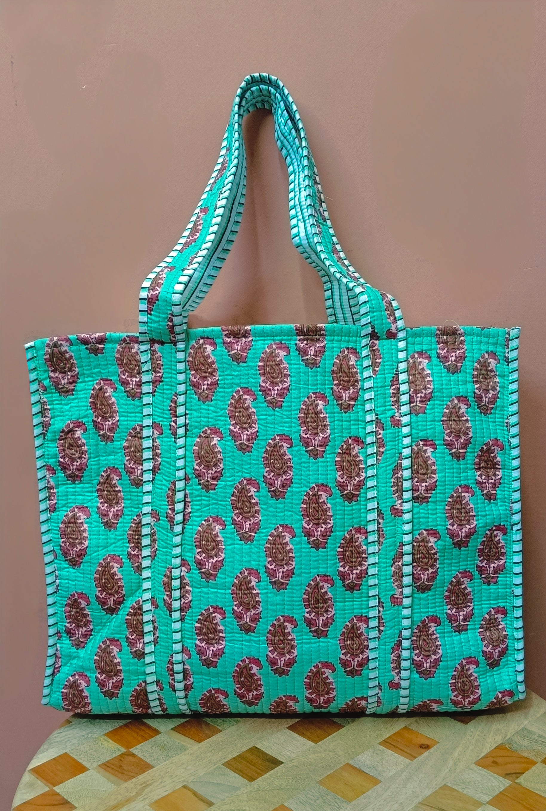 Handblock Printed Quilted Tote Bag without zip/button 17x18x 6 inches