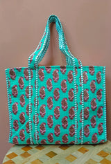 Handblock Printed Quilted Tote Bag without zip/button 17x18x 6 inches