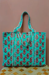 Handblock Printed Quilted Tote Bag without zip/button 17x18x 6 inches