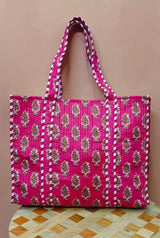 Handblock Printed Quilted Tote Bag without zip/button 17x18x 6 inches