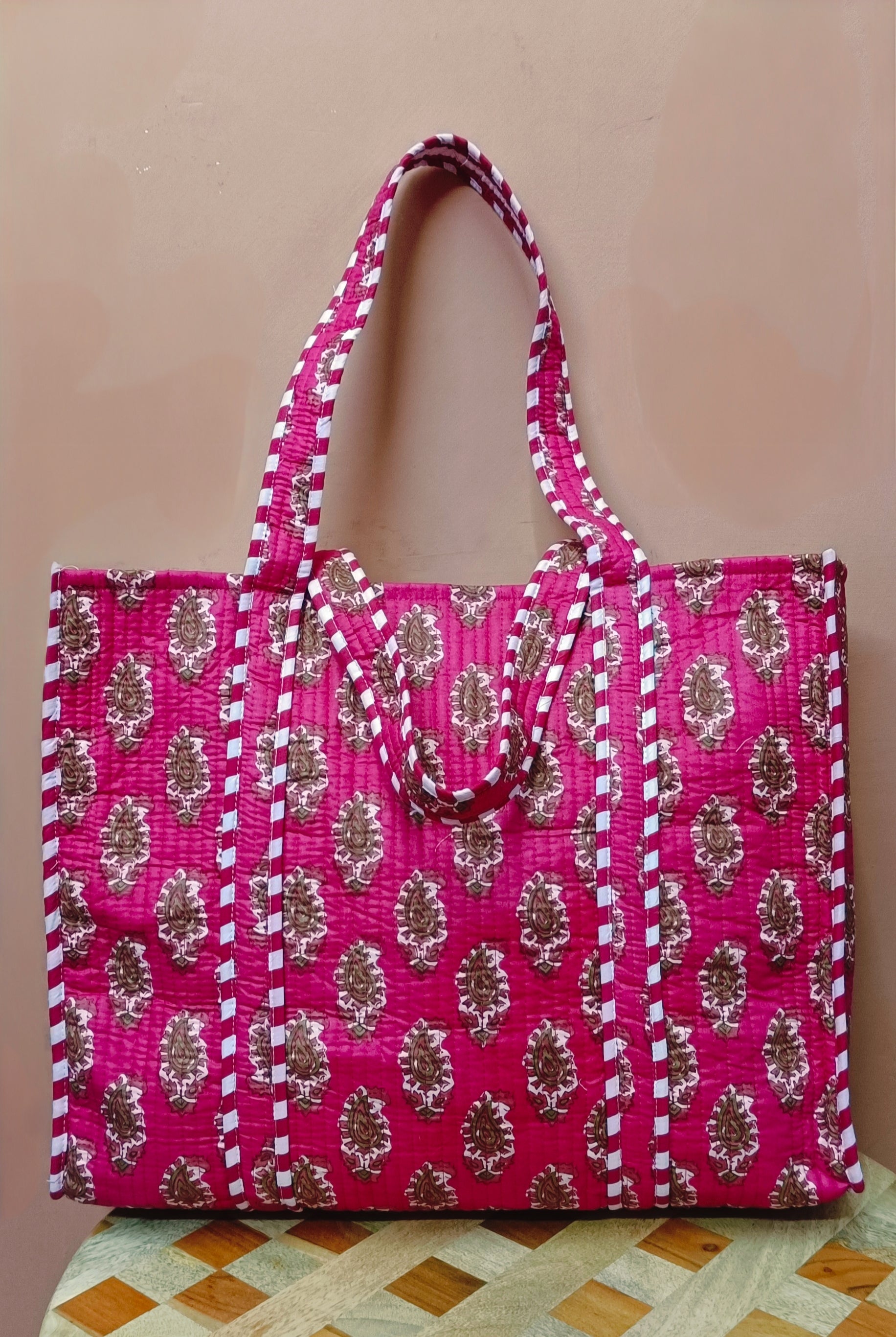 Handblock Printed Quilted Tote Bag without zip/button 17x18x 6 inches