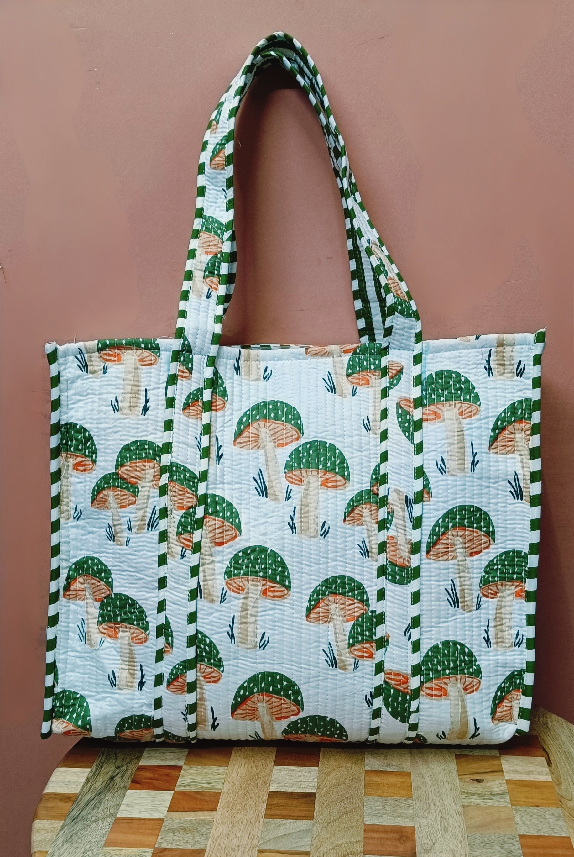 Handblock Printed Quilted Tote Bag without zip/button 17x18x 6 inches