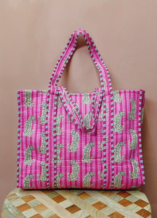 Handblock Printed Quilted Tote Bag without zip/button 17x18x 6 inches