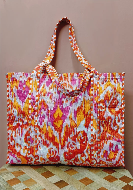 Handblock Printed Quilted Tote Bag without zip/button 17x18x 6 inches