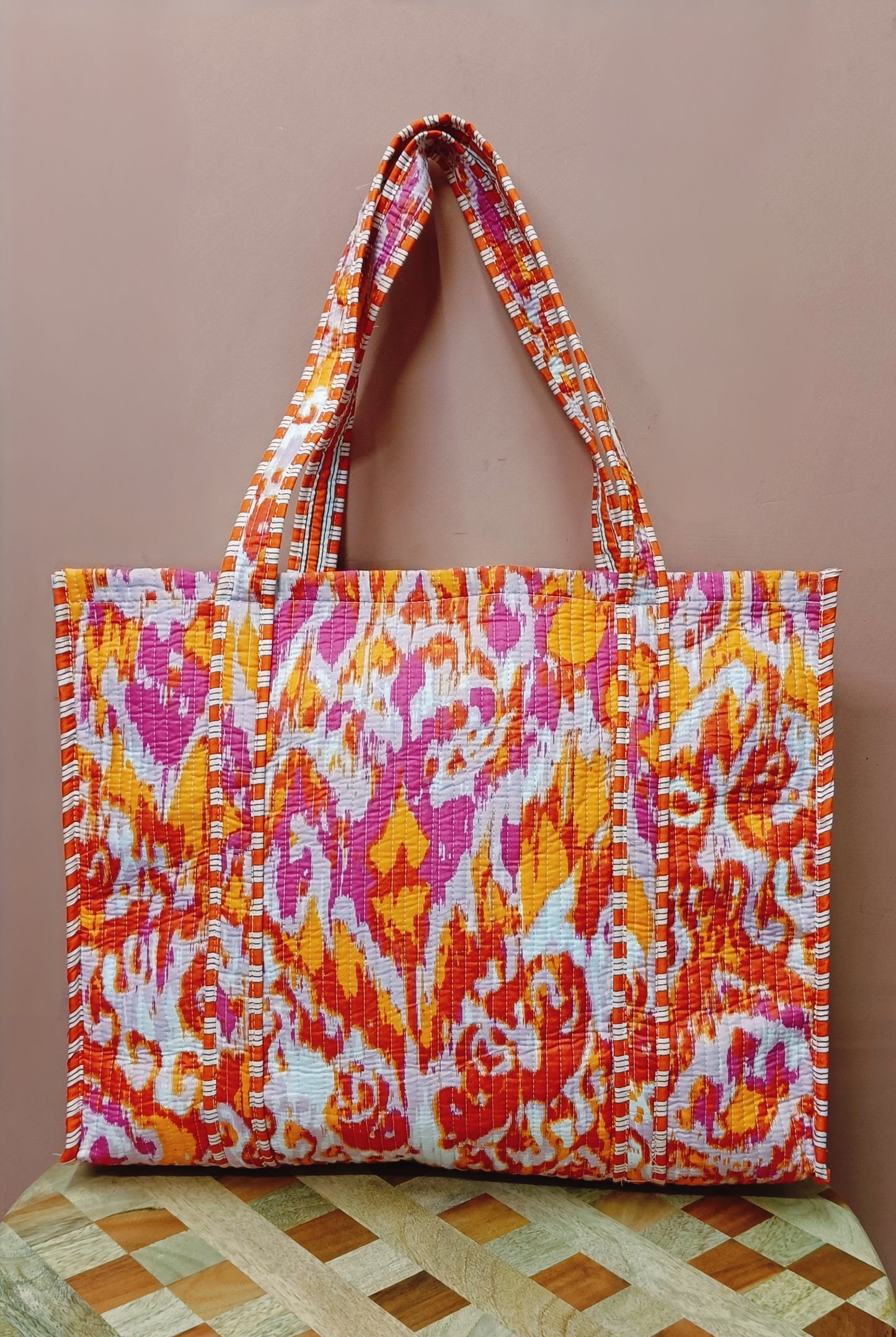 Handblock Printed Quilted Tote Bag without zip/button 17x18x 6 inches