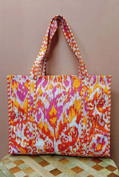 Handblock Printed Quilted Tote Bag without zip/button 17x18x 6 inches