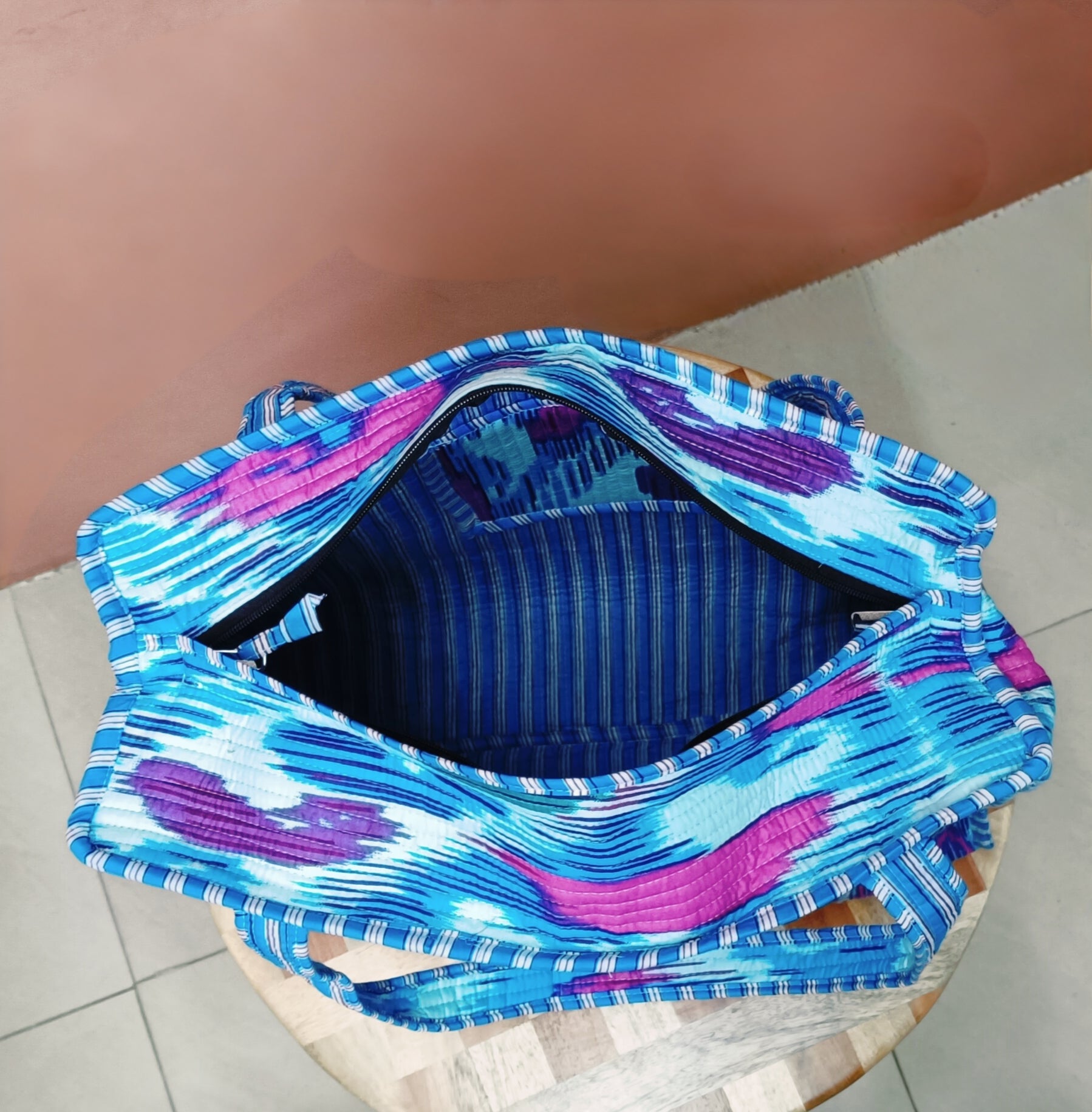 Handblock Printed Quilted Tote Bag with concealed zip ( 17x18x 6 inches)