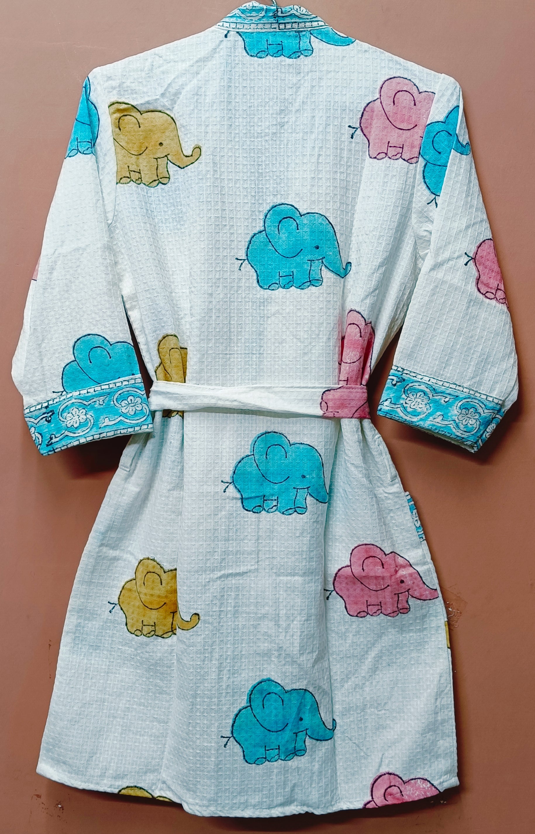 Handblock printed waffle cotton bathrobe for kids - 4-13 years old