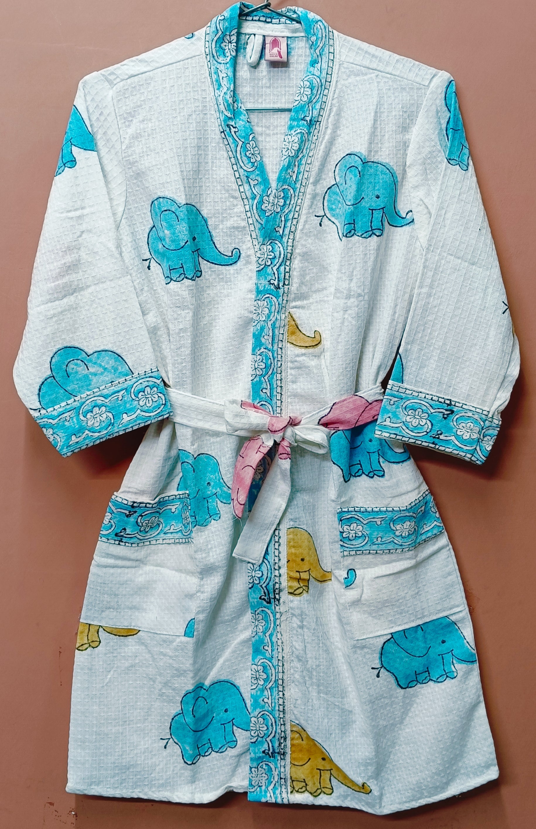 Handblock printed waffle cotton bathrobe for kids - 4-13 years old