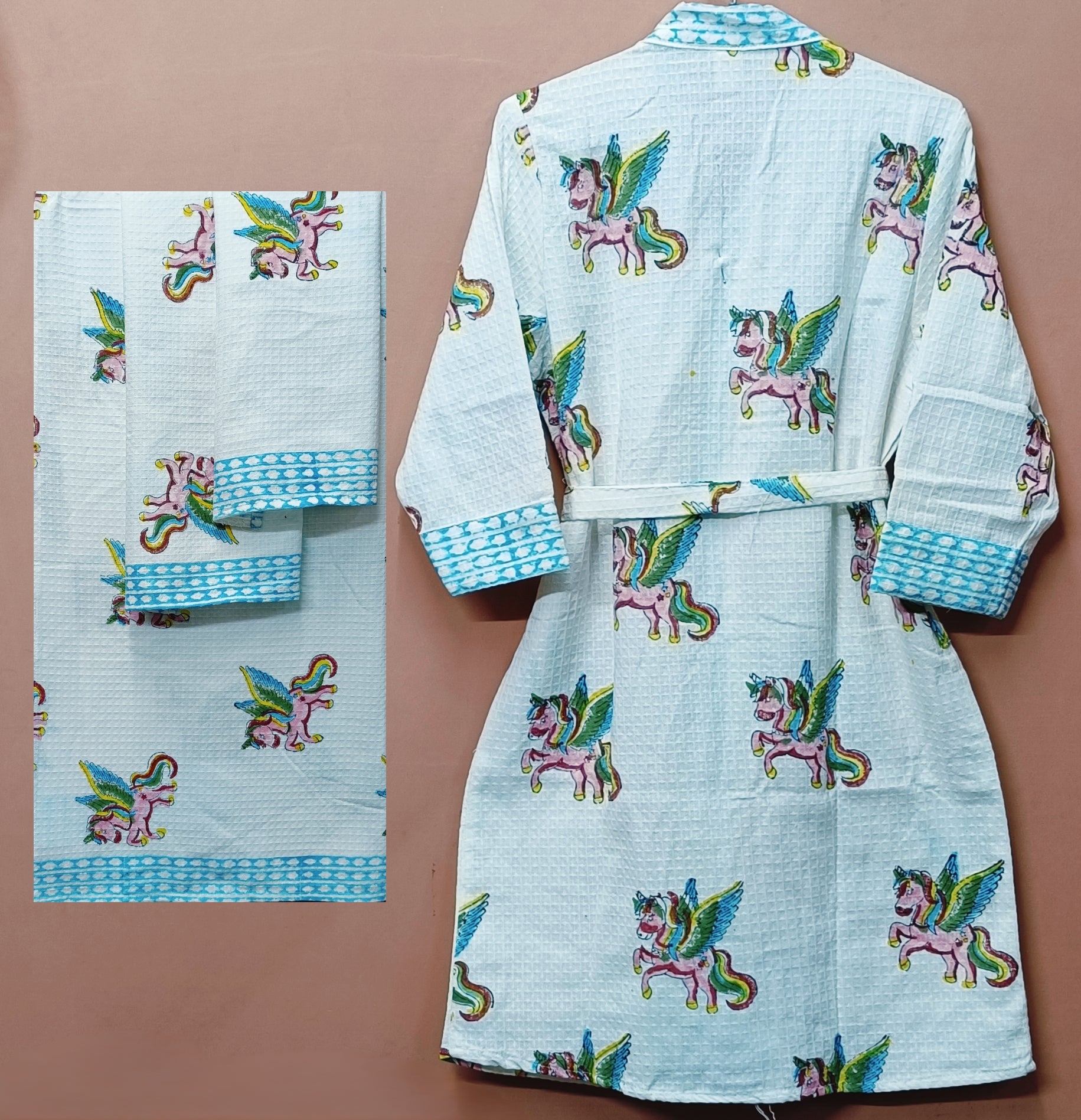 Handblock Printed Waffle Cotton Bathrobe Gift Box for Kids (4-13 Years) – Includes Bath Towel & 2 Hand Towels