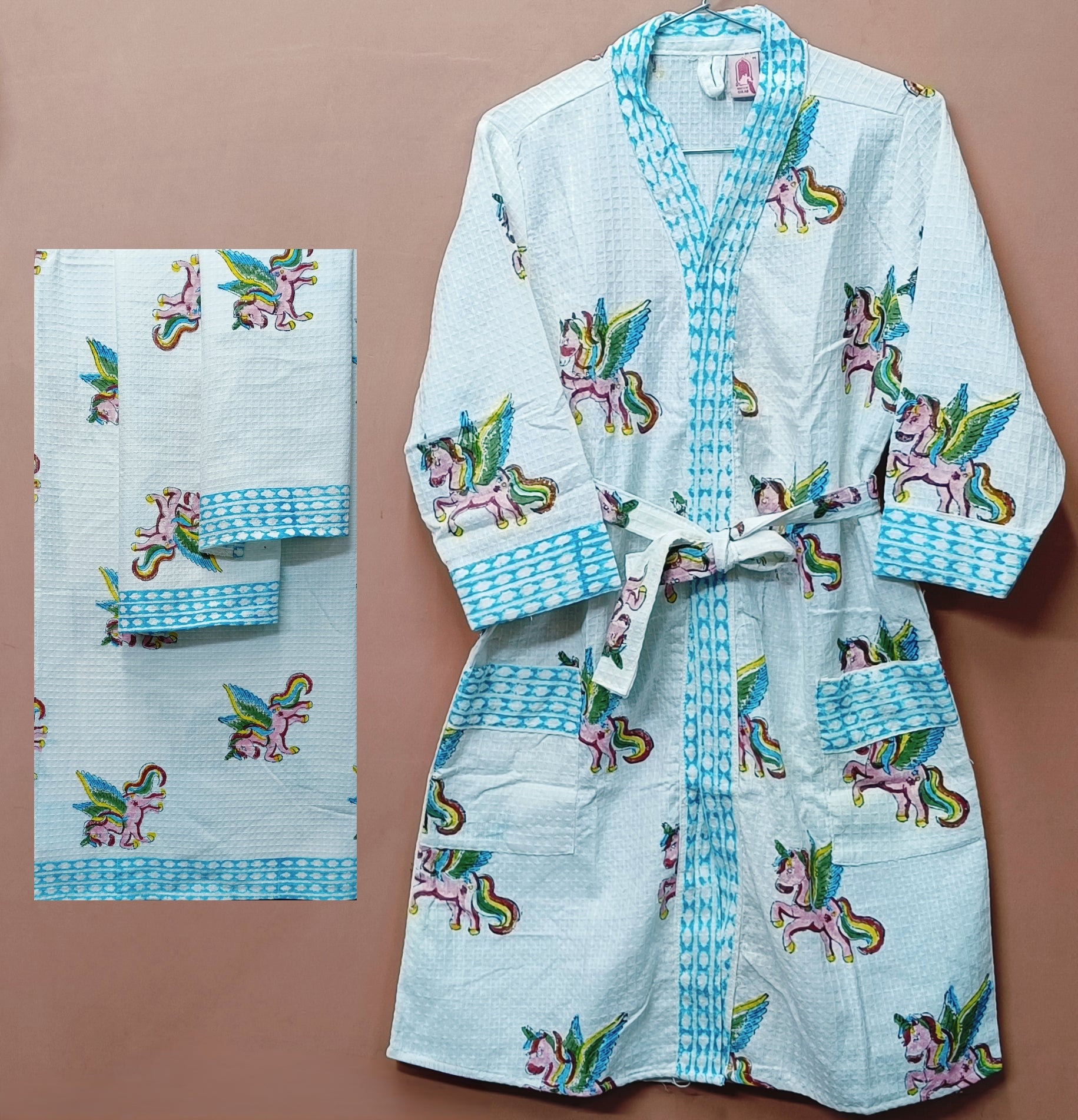 Handblock Printed Waffle Cotton Bathrobe Gift Box for Kids (4-13 Years) – Includes Bath Towel & 2 Hand Towels