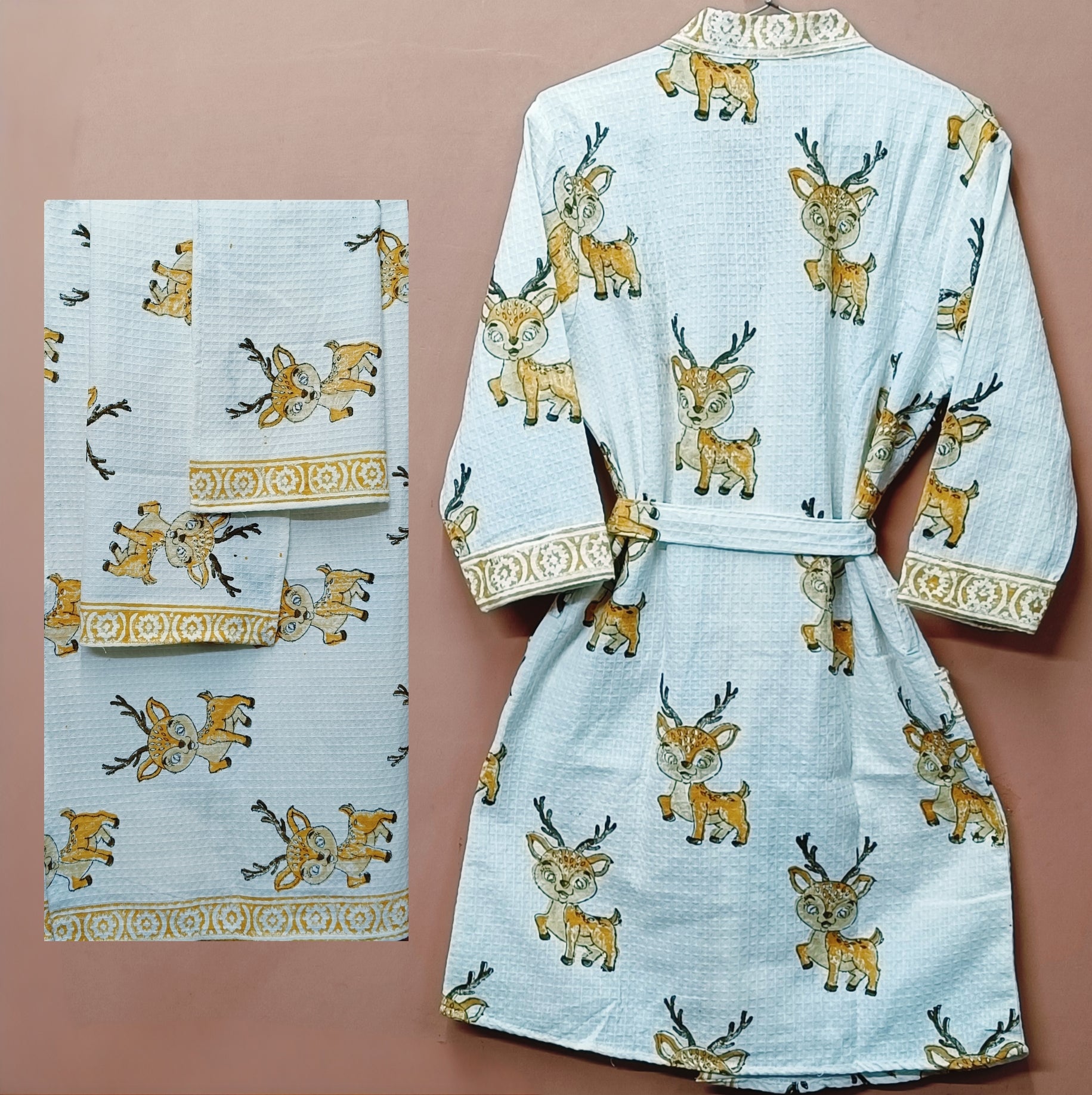 Handblock Printed Waffle Cotton Bathrobe Gift Box for Kids (4-13 Years) – Includes Bath Towel & 2 Hand Towels