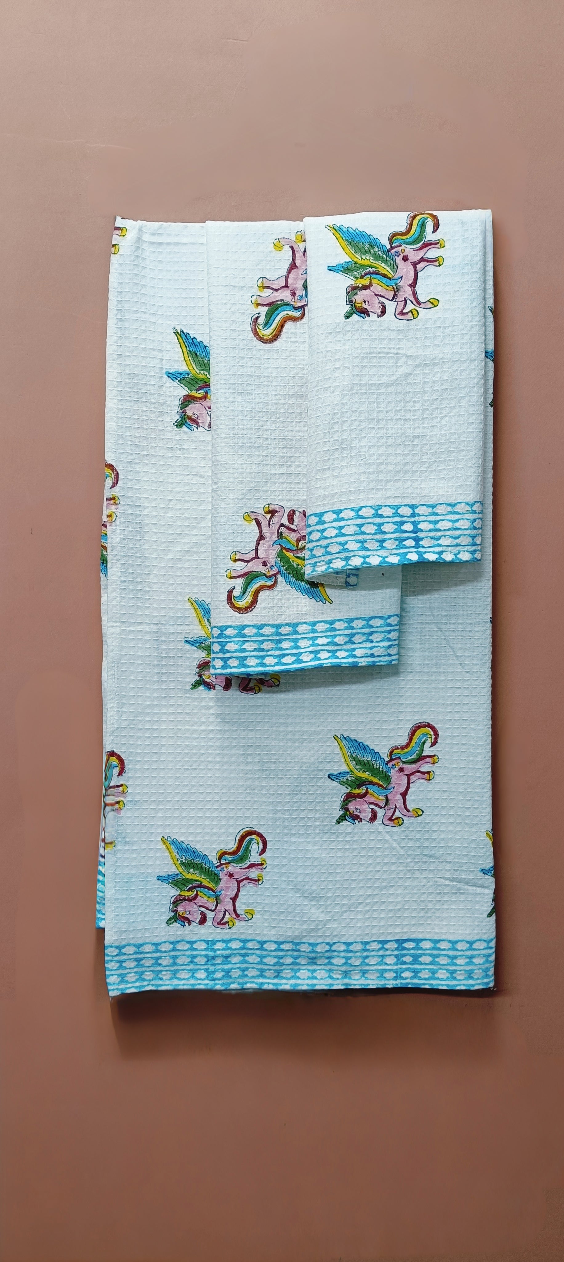 Handblock Printed Waffle Cotton Bathrobe Gift Box for Kids (4-13 Years) – Includes Bath Towel & 2 Hand Towels