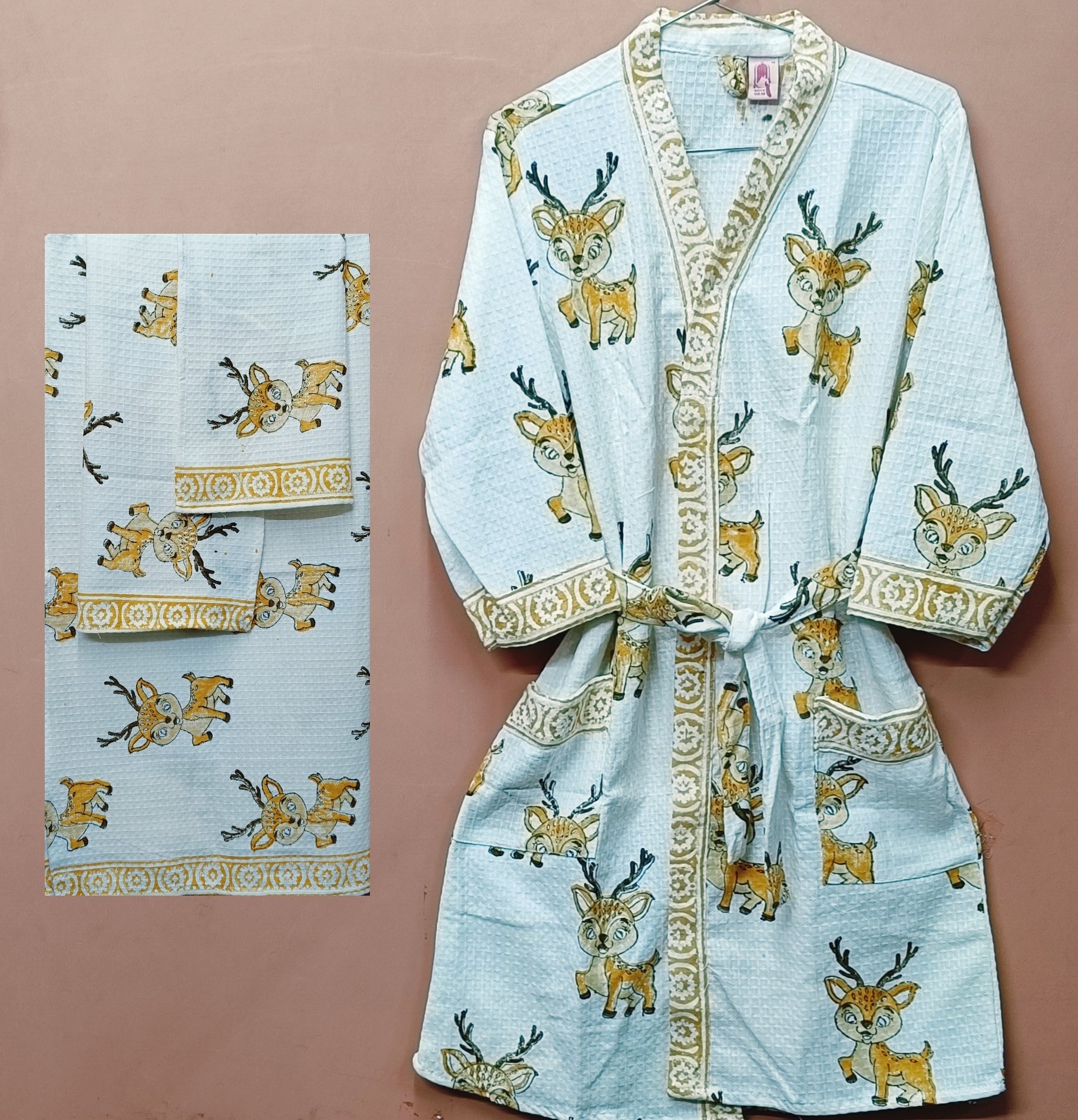 Handblock Printed Waffle Cotton Bathrobe Gift Box for Kids (4-13 Years) – Includes Bath Towel & 2 Hand Towels