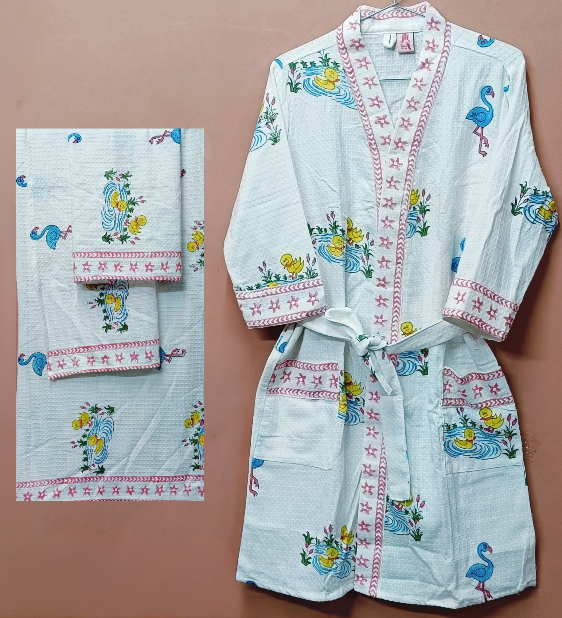 Handblock Printed Waffle Cotton Bathrobe Gift Box for Kids (4-13 Years) – Includes Bath Towel & 2 Hand Towels
