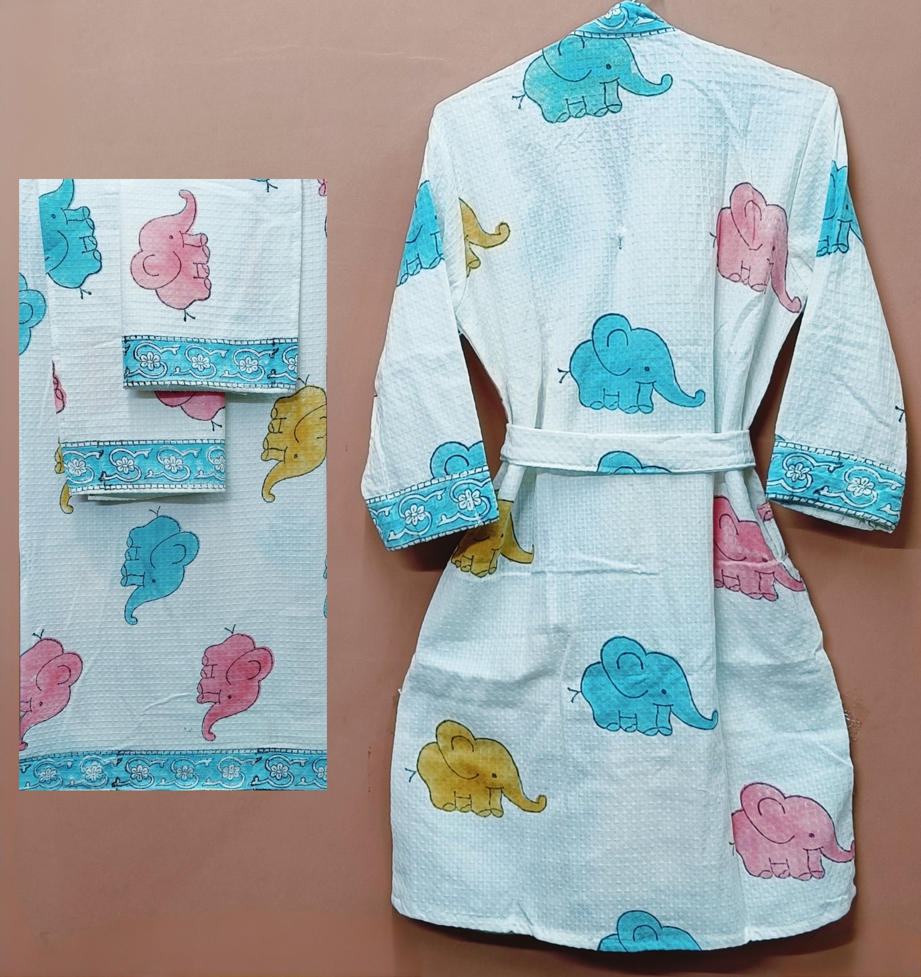 Handblock Printed Waffle Cotton Bathrobe Gift Box for Kids (4-13 Years) – Includes Bath Towel & 2 Hand Towels