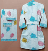 Handblock Printed Waffle Cotton Bathrobe Gift Box for Kids (4-13 Years) – Includes Bath Towel & 2 Hand Towels