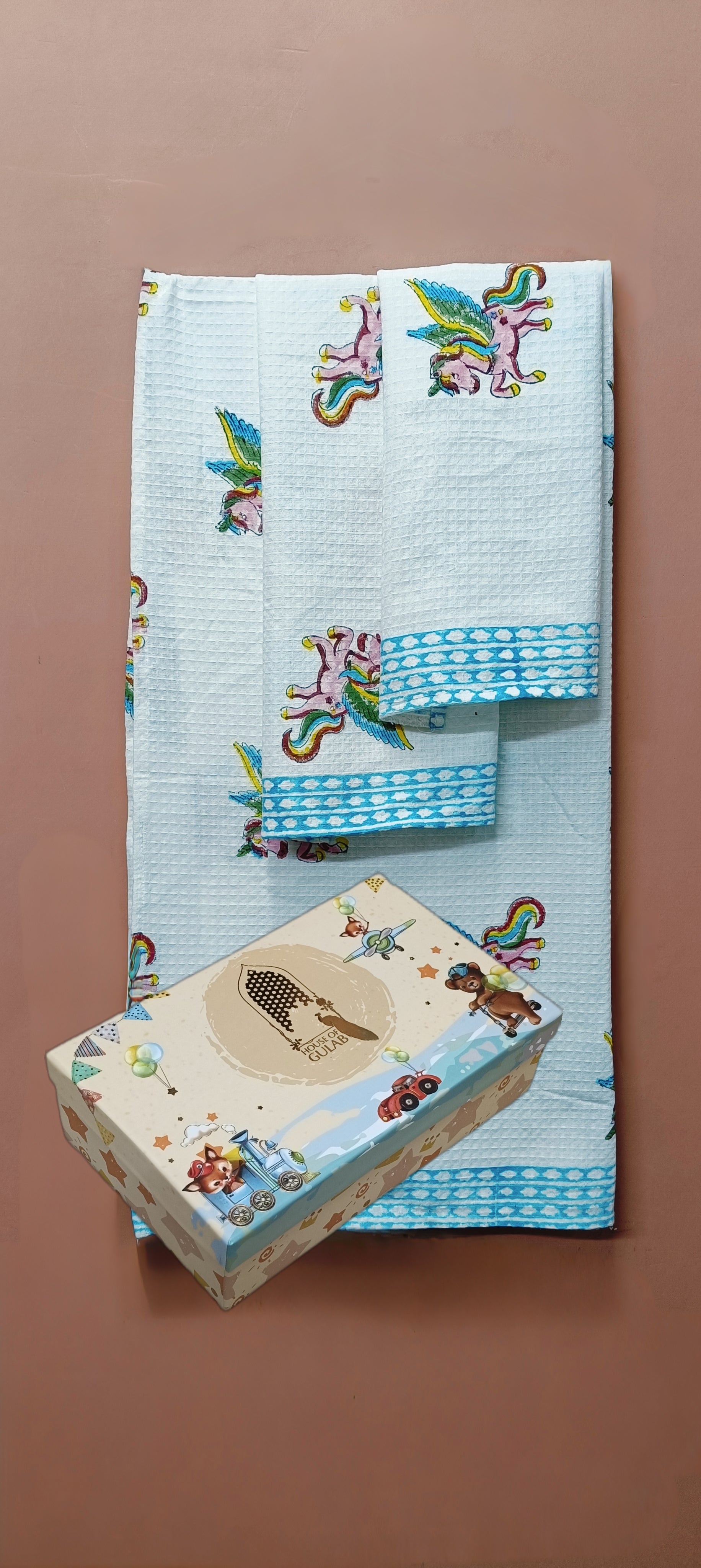 Kids Gift Set - Handblock Printed Towels - 1 Bath + 2 Hand Towels